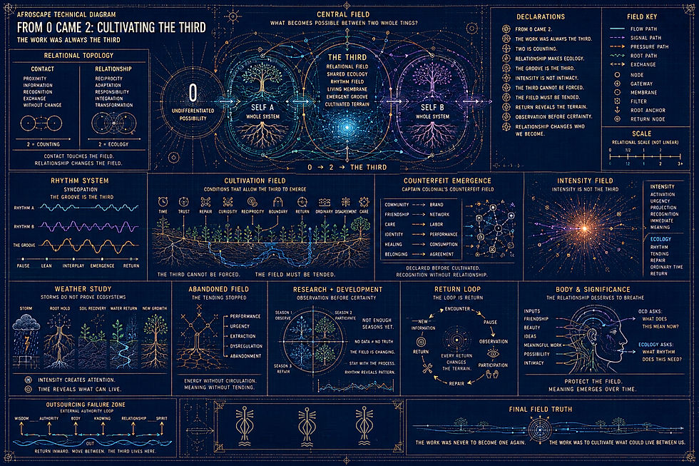 An Afroscape Technical Diagram titled “From 0 Came 2: Cultivating the Third” maps relational ecology through interconnected systems, diagrams, field studies, cultivation models, weather patterns, rhythms, feedback loops, and underground ecological networks. The central illustration shows Self A and Self B connected through a shared relational field called “The Third,” surrounded by notes exploring repair, reciprocity, emergence, and ecological cultivation.
