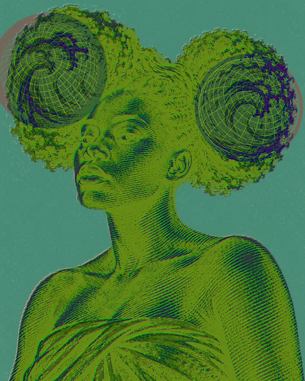  A lime-green Black figure tilts their face upward against an aqua field. Their crown forms two large Afro puffs overlaid with purple concentric grids that resemble ripples, radar fields and rotating tides.