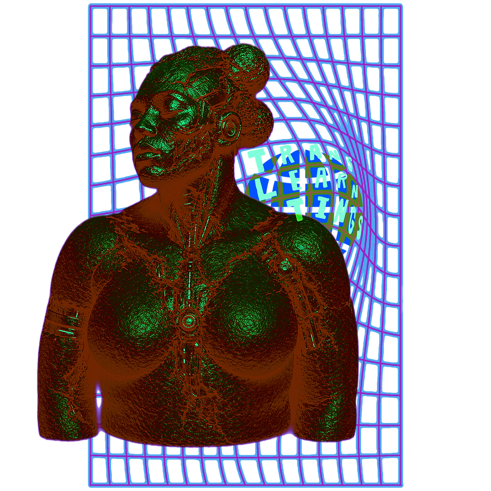 Main “Trans Learn Tings” graphic featuring layered clay handprints and textured imprint forms floating against a black cosmic background with bold overlapping color shadows in red, blue, green, and purple. Rounded blue text curves across the composition reading “Trans Learn Tings,” symbolizing embodiment, rupture, memory, transformation, and bespoke tech(know)logy learning systems.