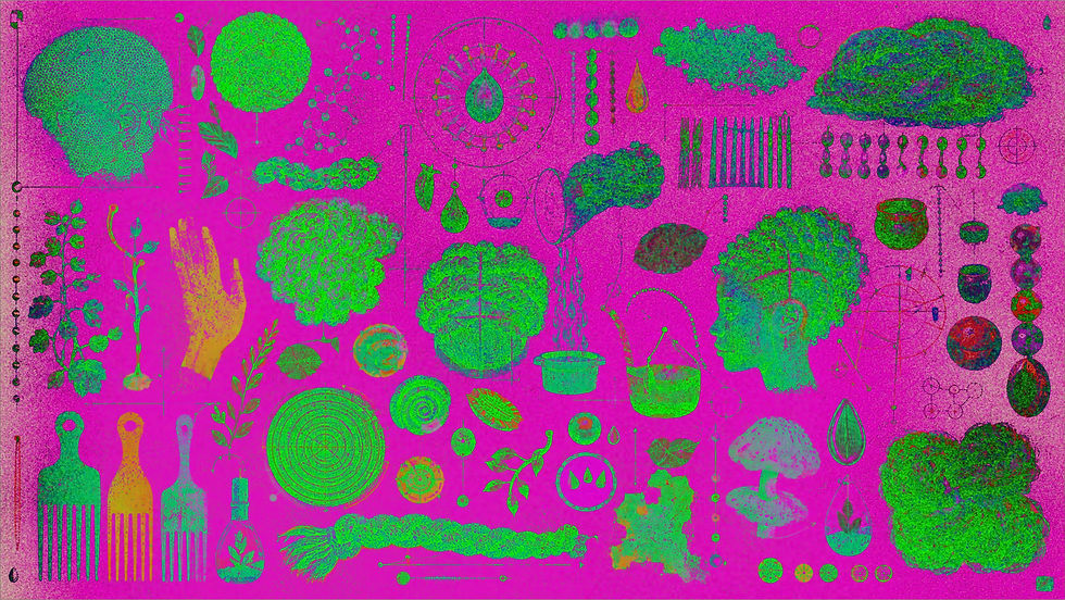 Hot-pink scientific diasporic blueprint quilt graphic filled with layered green, yellow and blue risograph studies of Afro heads, coils, braids, combs, plants, hands, water droplets, vessels, fungi, orbital diagrams and celestial symbols.
