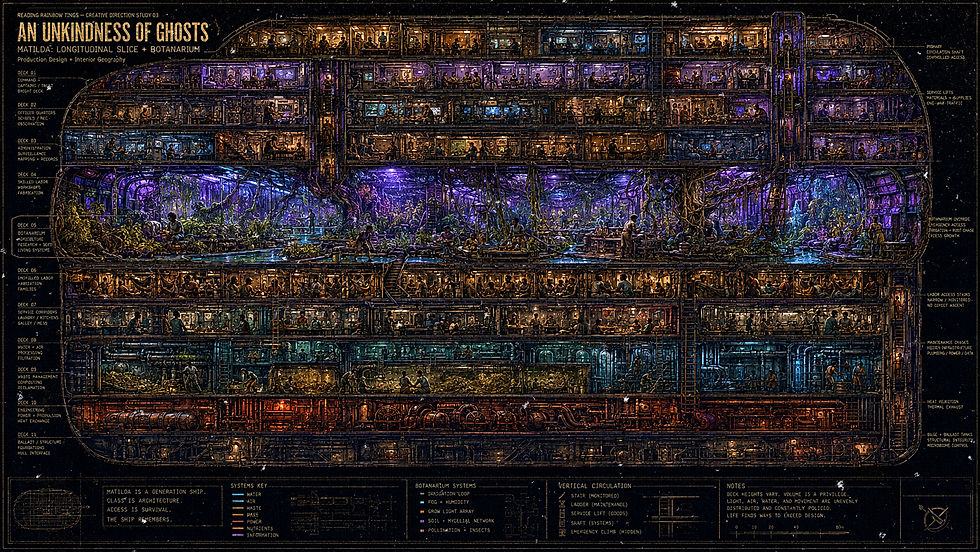 Wide theatrical cutaway of Matilda as a long cylindrical generation ship divided into compressed horizontal decks. Amber living quarters, blue mechanical systems, rust-red lower infrastructure, and crowded Black bodies surround a large purple-blue Botanarium growing through the ship’s center.