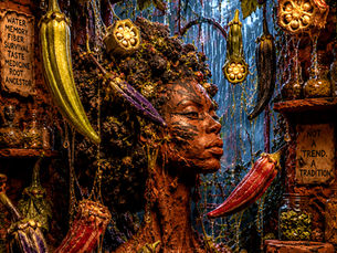 Heavy claymation Afroscape portrait of a Black figure emerging from a humid botanical archive filled with heirloom okra. Deep burgundy, purple, and green okra pods hang from vines overhead, dripping strands of translucent mucilage and condensation. The figure’s textured clay hair blends into soil, roots, and plant matter while storm-blue light filters through a rain-soaked window behind them. Apothecary jars, seeds, and handwritten clay plaques reading “Water Memory Fiber Survival Taste Medicine Root Ancestor” and “Okra Is Ancestry In Texture” surround the scene, creating an atmosphere of Black ecological memory, embodiment, and living plant knowledge.
