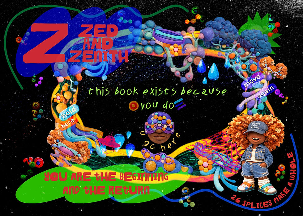 Z is for Zed and Zenith. A colorful claymation collage forms an open circular pathway against a black cosmic field. A large red Z appears beside “Zed and Zenith,” surrounded by Afro-textured forms, water droplets, cellular structures, currents and two clay figures. Text reads, “This book exists because you do,” “You are the beginning and the return” and “26 splices make a whole.”