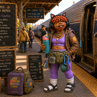 The handcrafted clay Hom(e)ie stands on an Amtrak platform beside a train holding an Owala bottle while luggage and handwritten field-note signs emphasize accessibility, curiosity, and preparation for the journey to summer camp.
