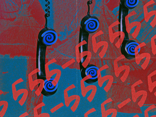 the old school phone hangs with the phone number 555-5555 duplicating. african huts and a small Black body make uu the backdrop. the body is highlighted like a heat map.