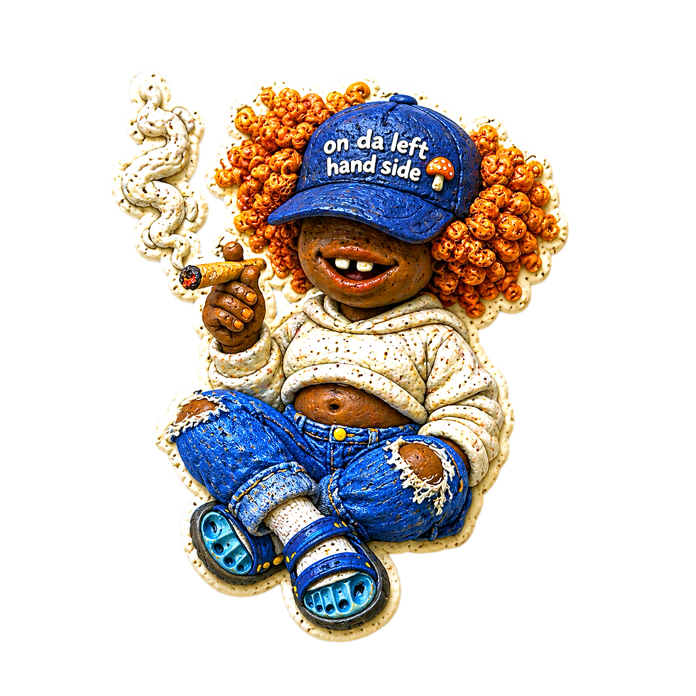 Bespokecurry Claymation-style figure with orange curls wearing a blue “on da left hand side” cap, oversized cream hoodie, ripped blue jeans, and blue slides while holding a lit joint against a white background.