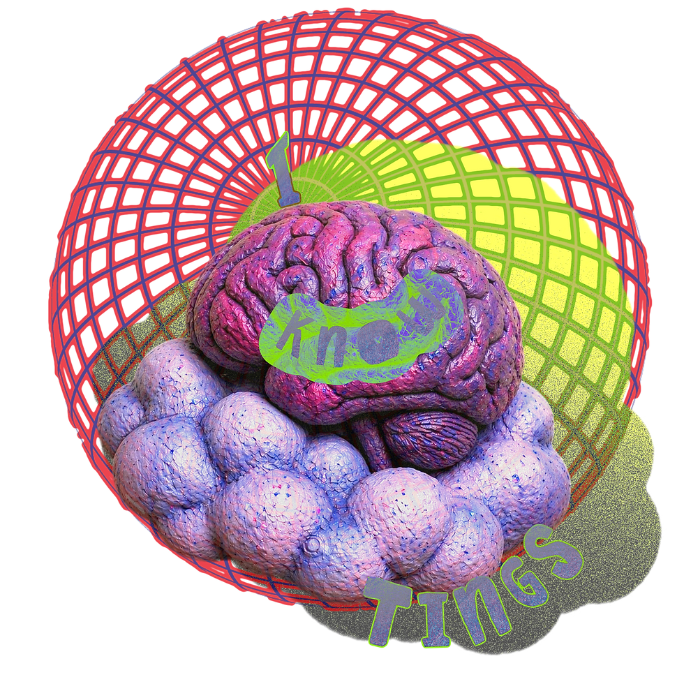 Surreal Afroscape-inspired graphic featuring a textured pink-purple brain resting on soft cloud-like forms beneath layered neon geometric grids and the words ‘I Know Tings.’ The image combines psychedelic riso textures, warped dimensional shapes, and glowing overlays to represent memory, intuition, consciousness, and expansive inner knowledge within the Bespokecurry cosmos.