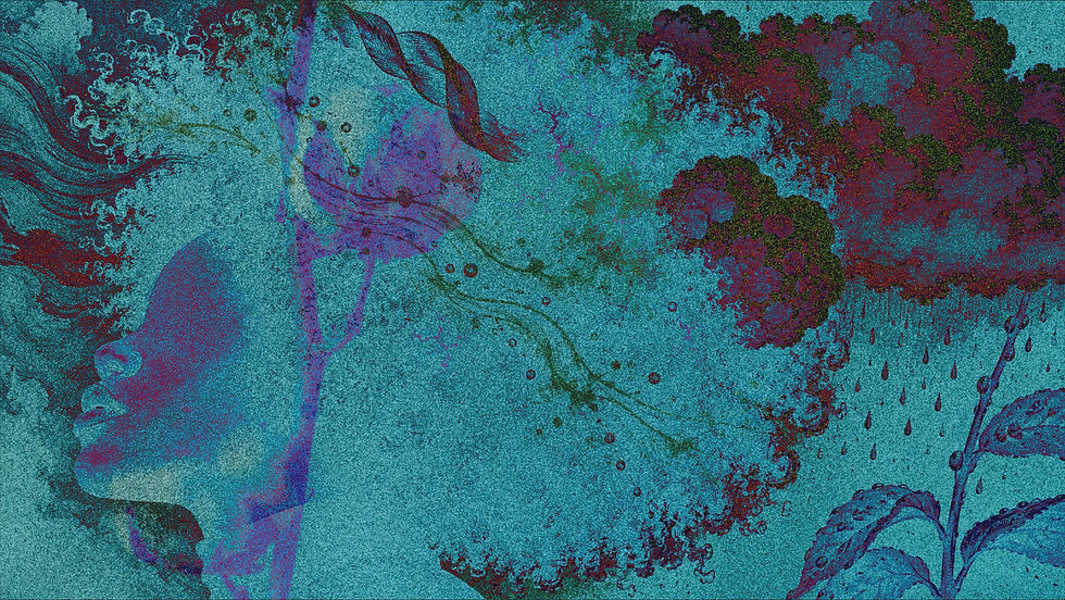 Cyan, indigo and magenta Riso-style collage featuring a faceless Black profile with an expansive cloud-like Afro. Water currents and bubbles travel across the composition toward a red-violet rain cloud releasing droplets above broad plant leaves.