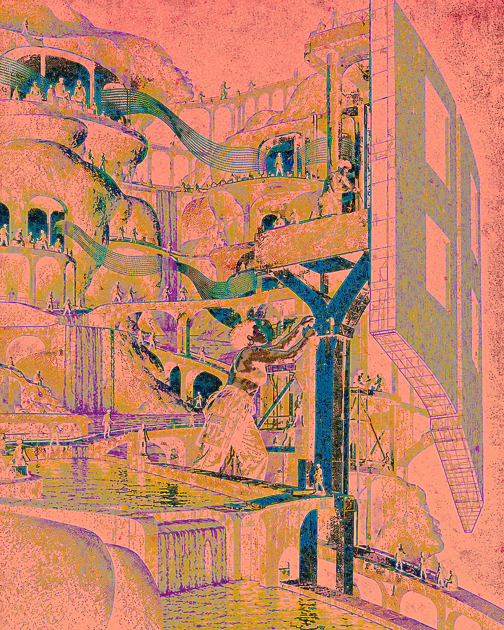 Peach, violet and teal illustration of an inhabited landscape formed from enormous facial profiles, terraces, arches, pools and waterfalls. Bundles of curved lines connect openings across the terrain. A Black adult with an Afro and hoop earrings adjusts a joint in a tall teal support beside a massive geometric wall. Smaller figures move along bridges and gather within chambers.