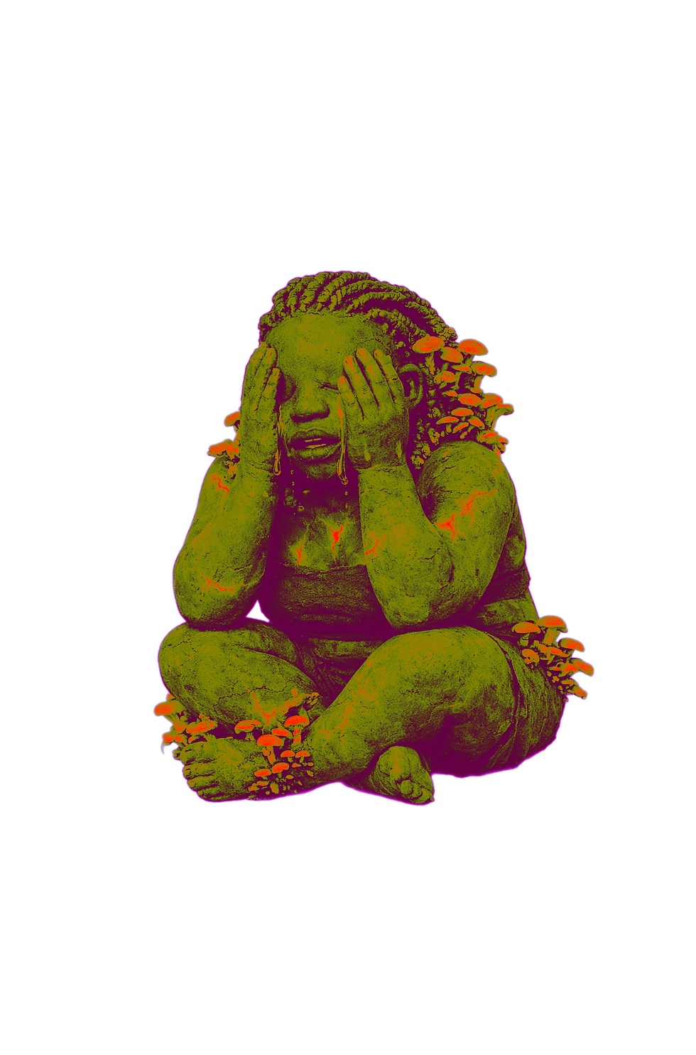 BespokeCurry sits cross-legged with both hands covering their eyes in a degraded yellow, magenta, and orange risograph treatment. Small orange fungi emerge across their shoulder, arm, leg, and foot, visually joining the Black body and fungal ecology as the essay examines sexuality, colonial projection, and embodied perception.