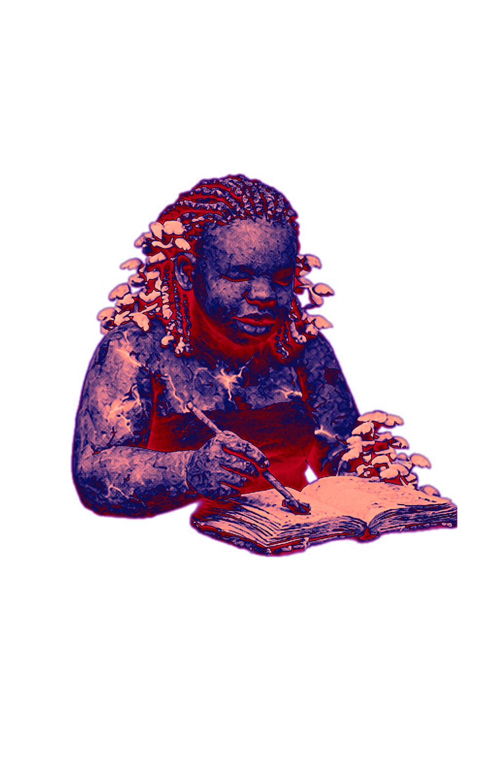 clay figure with fungi growing through braided hair while writing in an open notebook