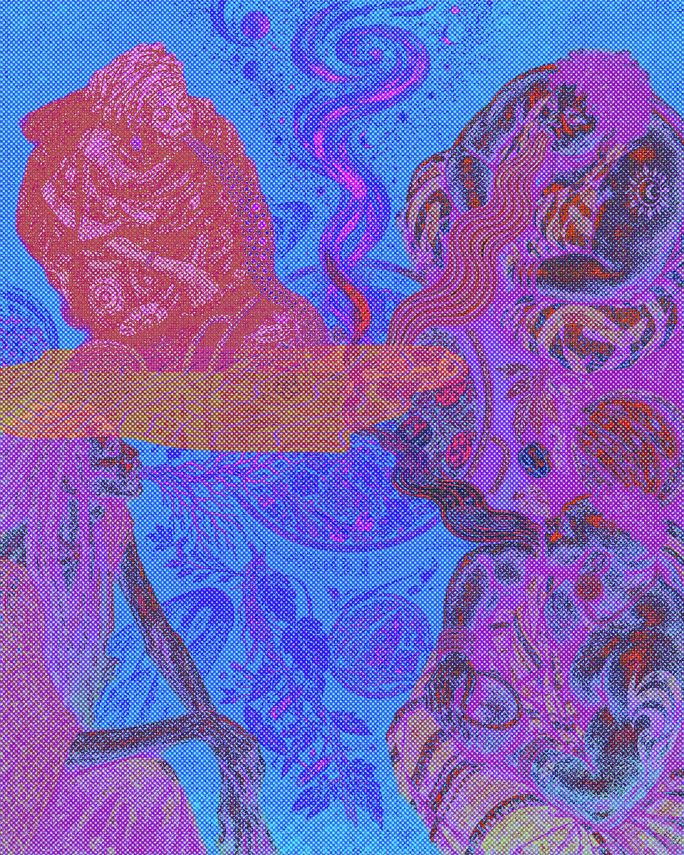 Surreal Riso illustration of three Black figures facing one another as an elongated tongue stretches between their mouths. Layered faces, mouths and bodies gather along the tongue like multiple flavors entering one conversation.