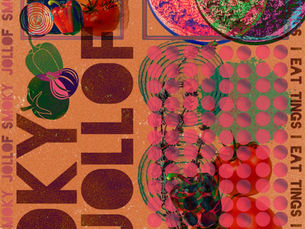 Distressed risograph-style hero poster on a warm terracotta background with the large title “Smoky Jollof” and the phrase “Sabi Romance Tomato Well-Well.” Layered collage elements include a bag of parboiled rice, red onions, peppers, tomatoes, and bowls of jollof rice, overprinted with pink halftone dots, green and purple ink, geometric frames, and a repeating “I Eat Tings” border.