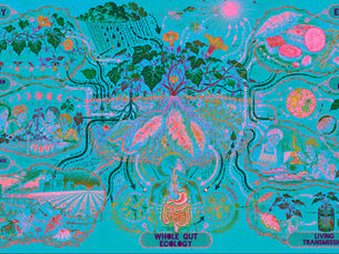 Afroscape systems diagram centered on a complete sweet potato plant connecting eight labeled regions: Plant Body, Edible Body, Nutrient Distribution, Preparation + Relation, Living Transmission, Whole Gut Ecology, Monocrop Disturbance Field and Culturally Situated Knowledge. Colored pathways map water, growth, cooking, digestion, memory and disruption across the living system.