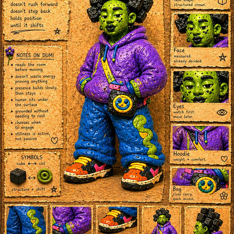  Heavy claymation Afroscape character card titled “Dumi.” A green-skinned figure with structured cube-shaped hair stands calmly in a purple hoodie and oversized blue pants against a textured paper background filled with handwritten notes about stillness, observation, restraint, and grounded presence. The composition resembles an archival field guide, with close-up panels of the face, hair, clothing, symbols, and stance. The character’s expression is quiet but alert, reflecting themes of measured speech, withheld performance, and the difference between visibility and truth.