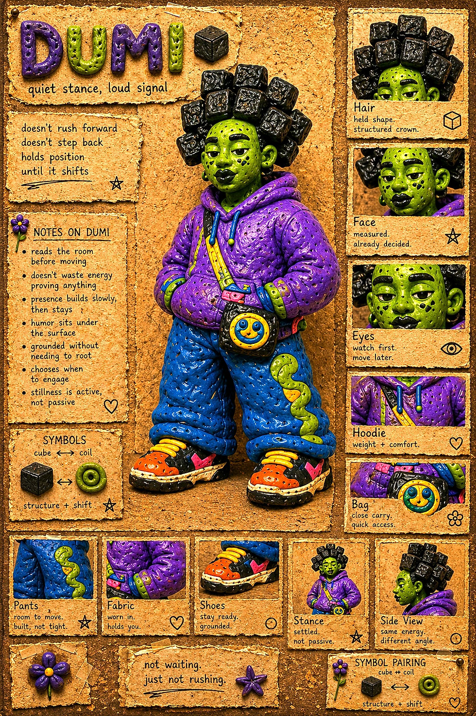 Heavy claymation Afroscape character card titled “Dumi.” A green-skinned figure with structured cube-shaped hair stands calmly in a purple hoodie and oversized blue pants against a textured paper background filled with handwritten notes about stillness, observation, restraint, and grounded presence. The composition resembles an archival field guide, with close-up panels of the face, hair, clothing, symbols, and stance. The character’s expression is quiet but alert, reflecting themes of measured speech, withheld performance, and the difference between visibility and truth.