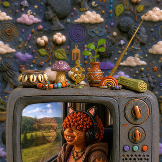 A handcrafted clay television shows the Hom(e)ie gazing through a train window while their reflection appears softly in the glass. Rolling green hills pass outside as headphones, layered clothing, and handmade clay textures emphasize a quiet moment of reflection during the journey.