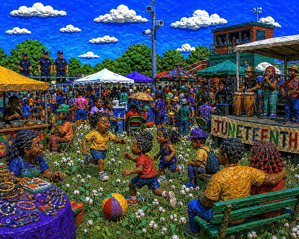Heavy claymation illustration of a Juneteenth gathering where children play and families celebrate on a field covered in cotton plants while police officers watch from the background.