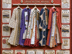 Clay-style archival illustration titled “I Adorn Tings: The Garment Tells the Truth — Cross-Section Archive.” Five garments hang on wooden hangers against a terracotta-colored background, each shown as a cross-section revealing pattern pieces, seams, interfacing, stitching, and internal construction. Surrounding the garments are illustrated reference panels labeled Pattern Logic, Construction, Wear, Repair, Infrastructure, Embodiment, Pressure, Movement, Longevity, Stewardship, Alteration, Fabric Grain, and Notes. The central note reads, “a garment carries more than fabric, it carries decisions” and “every seam is a choice, every choice is a value.” The artwork resembles a handcrafted museum specimen board made from sculpted clay.
