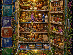 Vertical Afrofuturist illustration titled “The Diaspora Fridge: The Six Waters Refrigerator.” An open, plant-covered refrigerator becomes a living archive filled with okro soup, fermented grains, fish, plantains, jars, pepper mixes, fruit, and greens. Six labeled panels map foods and practices across Flowing, Still, Deep, Turbulent, Tidal, and Sacred Water. Small pink figures tend the food and roots as blue rivers spill from the crisper into a cosmic mycelial network.