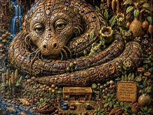Detailed claymation-style illustration of the Ninki Nanka coiled within a living ecosystem of plants, seeds, mushrooms, waterways, and food-bearing trees, with human-like ancestor eyes and baobab-inspired scales.