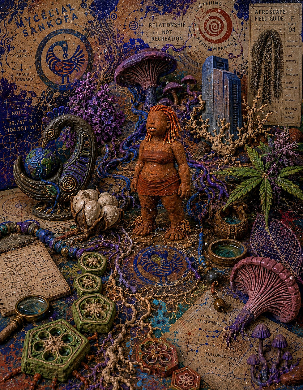 BespokeCurry Mycelial Sankofa claymation field study showing the BespokeCurry clay character standing inside a dense fungi, cannabis and mycelial ecosystem. A Sankofa bird holds the Earth beside mushrooms, cotton, botanical specimens, field notes, the Afroscape Field Guide and Denver coordinates, while mycelial pathways connect the terrain around a Denver building. The image visualizes Black embodiment, ancestral return, ecological relationship and the Mycelial Sankofa methodology within BespokeCurry Fungi Tings.