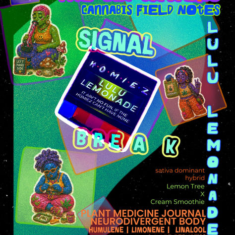 Six Waters Cannabis Field Notes cover for Homiez Lulu Lemonade featuring colorful geometric overlays, clay figures, terpene highlights, and the field name “Signal Break.”