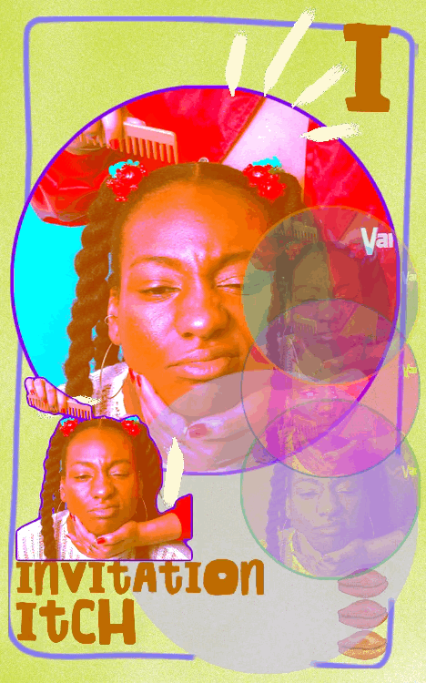  Animated Afro ABCs card for the letter I, titled “Invitation Itch,” layering self-portraits, translucent circles, hair imagery, cowrie shells, and bold typography.