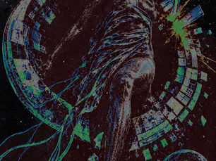 A reimagining of Carnival XXI, The World tarot card. A Black body stands inside a fractured planetary ring crossed by green currents, with a veve on the lower-right planet.