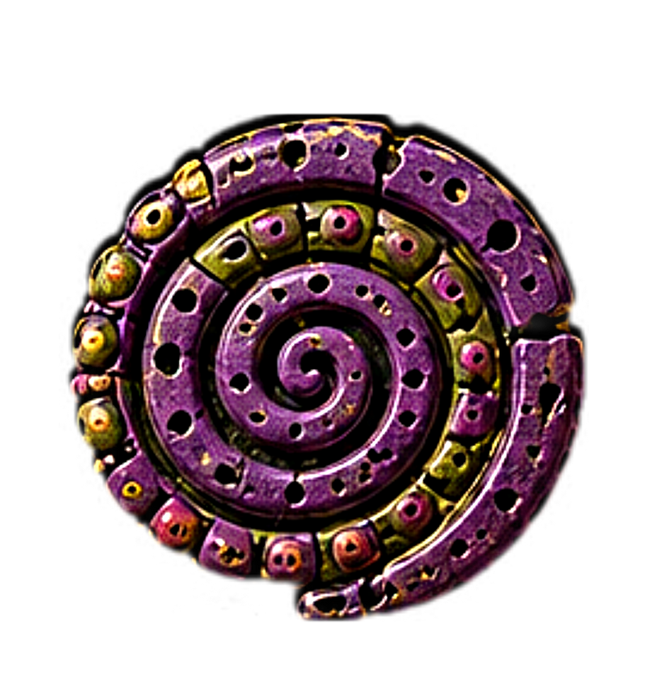 Circular spiral charm in purple, pink, and gold tones with raised bead-like textures forming a hypnotic coiled symbol inspired by ancestral pattern work.