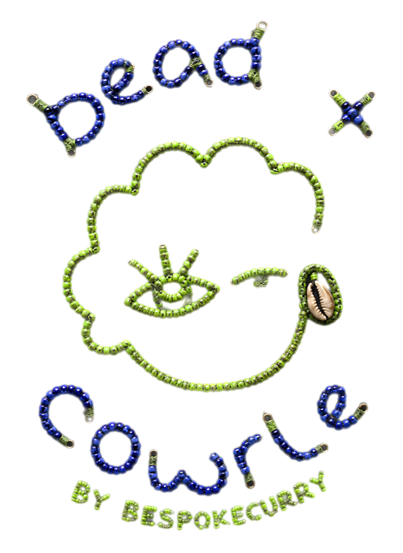 Hand-beaded “Bead & Cowrie by Bespokecurry” logo in blue and neon green beadwork with a smiling cloud face, a cowrie shell earring, and playful handcrafted lettering floating against a black background.