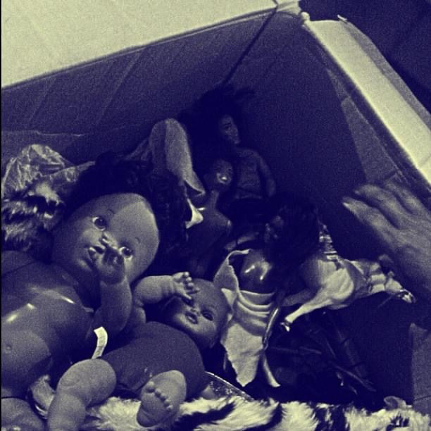 Photograph of a box filled with dolls and stuffed toys, capturing childhood keepsakes preserved over time.