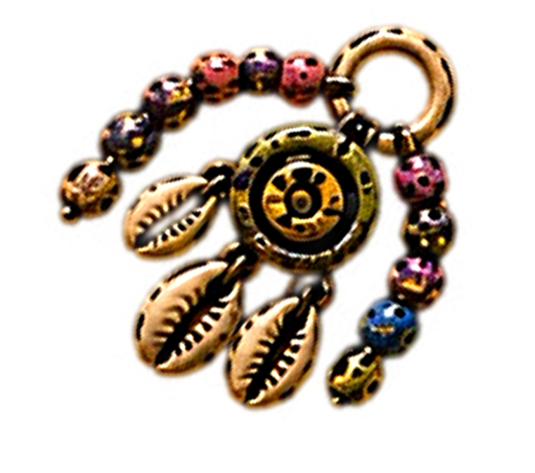 Small dangling charm cluster featuring beads, metallic detailing, and hanging cowrie shells arranged in an arch-like formation against a black background.
