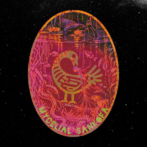 Oval Black Minimal Riso ecosystem joining the water’s surface and submerged world: lotus flowers, a scaled tail and beaded Black hand above; fish, jellyfish, roots, shells and a coiling water serpent below; a green Sankofa bird holds the center.