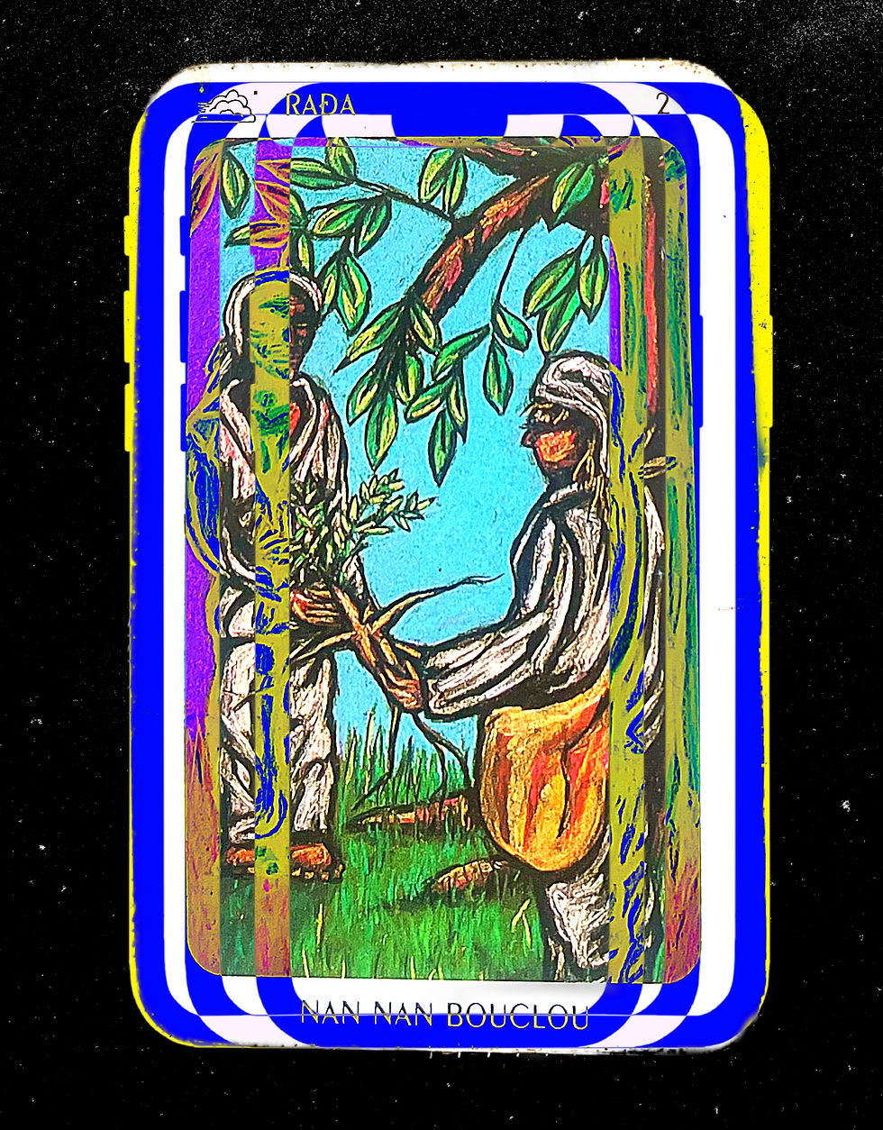 Nan Nan Bouclou 2 Rada tarot card (2 of swords) with duality, protection symbolism, and African cosmology