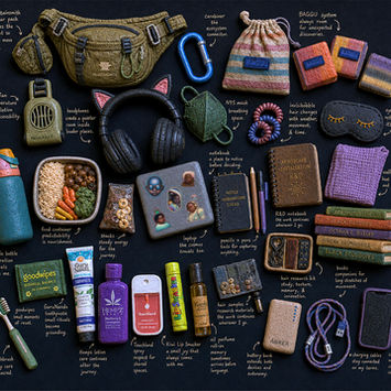 Illustrated packing inventory for Homie Summer Camp showing outdoor gear, headphones, sensory and accessibility tools, food, books, personal care products, clothing, and travel supplies arranged on a dark background.