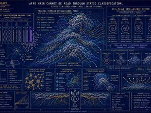  Technical Afroscape blueprint diagram critiquing static curl typing systems. A dense fractal afro terrain sits at the center surrounded by measurement charts, coil-scale diagrams, environmental flow systems, antenna signal mappings, and recursive terrain studies inspired by Pamela Ferrell’s coil measurement logic. On the left, a rigid linear classification chart fractures apart as the afro terrain expands beyond its borders. Technical annotations describe density, interlocking, compression, and environmental interaction against a deep indigo blueprint background.