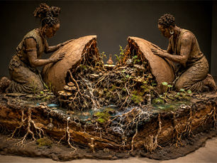 A monumental contemporary clay sculpture shows two Black queer figures kneeling on opposite sides of a giant split seed. Inside the seed, dense roots, mycelial networks, mushrooms, moss, water, and new plant life emerge from layered earth. The sculpture rests on an exposed cross-section of soil, revealing the underground ecosystem beneath the figures. Visible fingerprints, rough clay textures, and deep cracks emphasize its handmade, archaeological quality.
