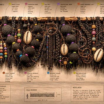 Dense Bead + Cowrie Studio fiber and bead work layered across an Afroscape conceptual field, combining Black textile forms, cowrie shells, colorful beads, wire, symbols, and mapped information. The image marks the studio’s expansion into the larger BespokeCurry Cosmos ecosphere, where material practice connects with adornment, Afroscape, research, writing, embodiment, teaching, experimentation, and community-centered world-building.