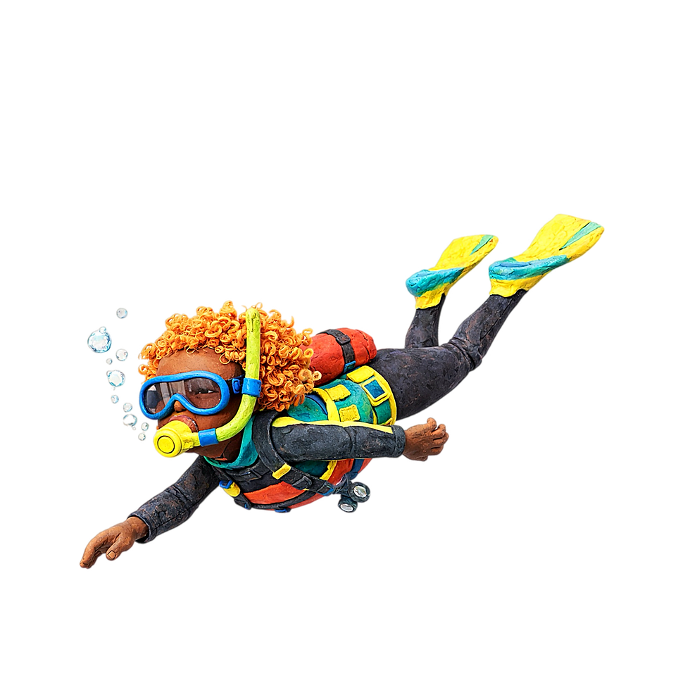 Afroscape Claymation Black scuba diver with bright orange curls, wearing a blue snorkel mask, colorful gear, and yellow fins, swimming horizontally with bubbles on a light background.
