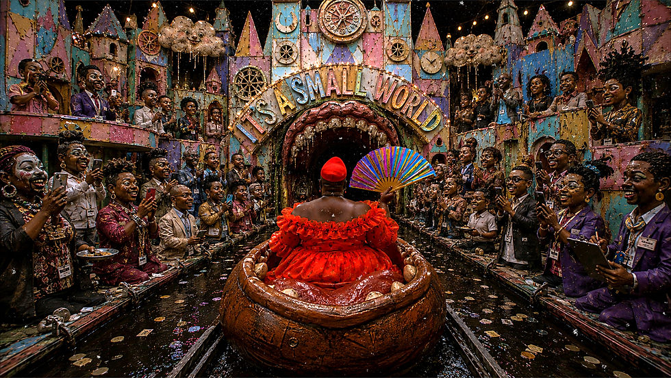 A claymation tableau shows a fat Black person from behind, wearing a vivid red ruffled dress and pillbox hat while holding an open rainbow fan. They sit inside a brown calabash-mouth vessel traveling through black water toward a toothed entrance marked “IT’S A SMALL WORLD.” Crowds of Black adults in institutional clothing line the decaying pastel attraction, applauding, recording and holding clipboards and empty plates.