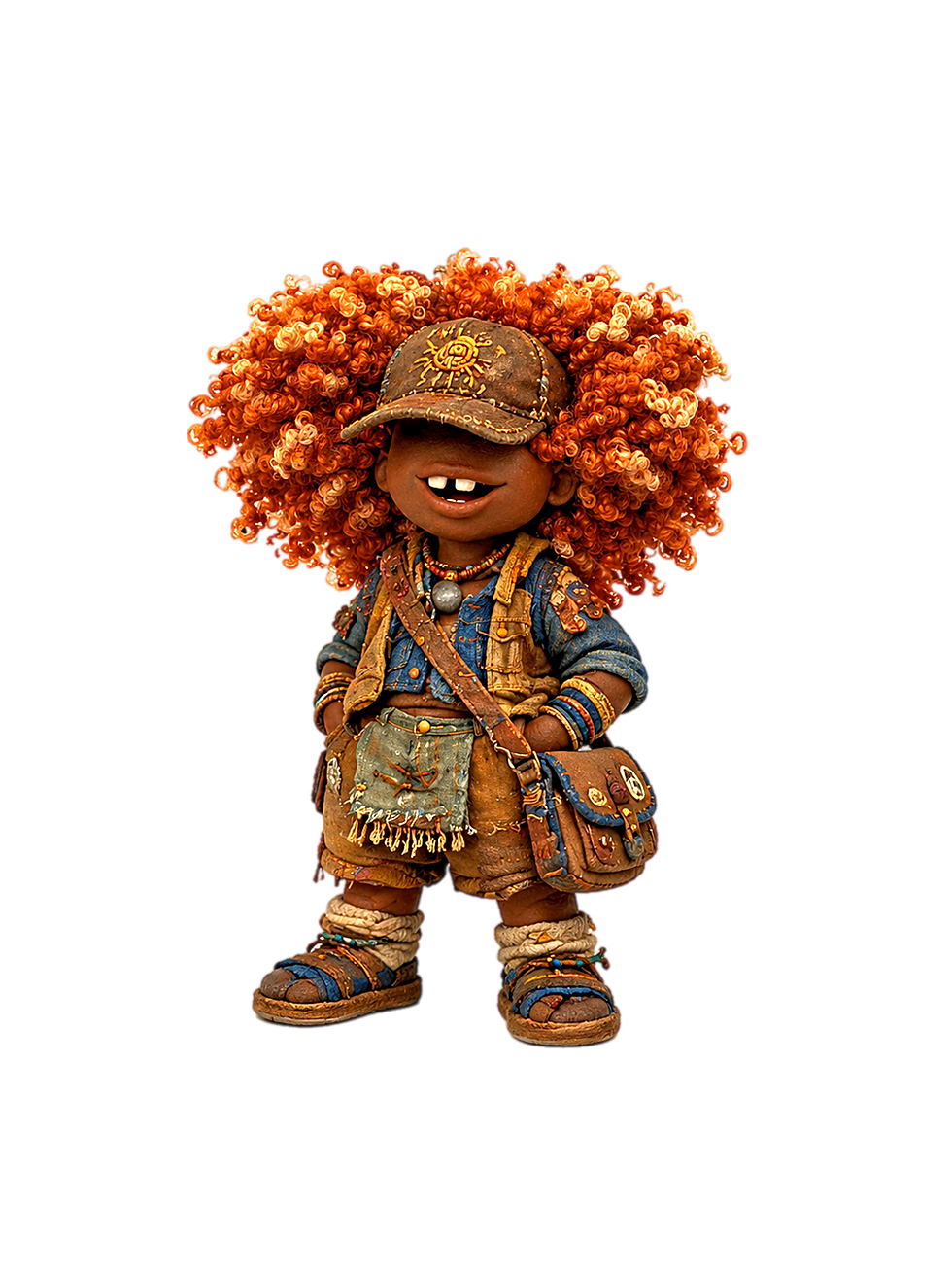 BespokeCurry Exploration Hom(e)ie, a small handmade clay character with voluminous burnt-orange spiral curls, a brown cap, gap-toothed smile, layered clothing, crossbody bag, and sandals, stands against a black background. The character accompanies the section “And Then I Found a Ting” in the I Eat Tings essay Porridge Is a Physical State, introducing the discovery of ting, a fermented sorghum porridge from Botswana.