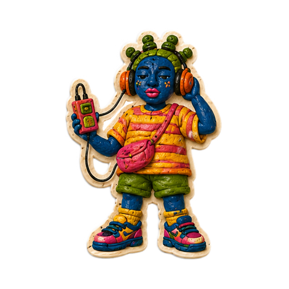 blue claymation character wearing orange headphones, holding a music device, eyes closed while listening, bright textured clothing and cut-out silhouette on light background