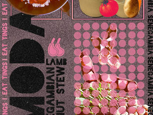 Risograph-style ingredient card for domoda, where tomatoes, peanut, oil, and spice are arranged like a coded offering, a repeated visual language that maps what enters the pot before it becomes memory.