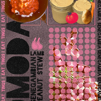 Risograph-style ingredient card for domoda, where tomatoes, peanut, oil, and spice are arranged.