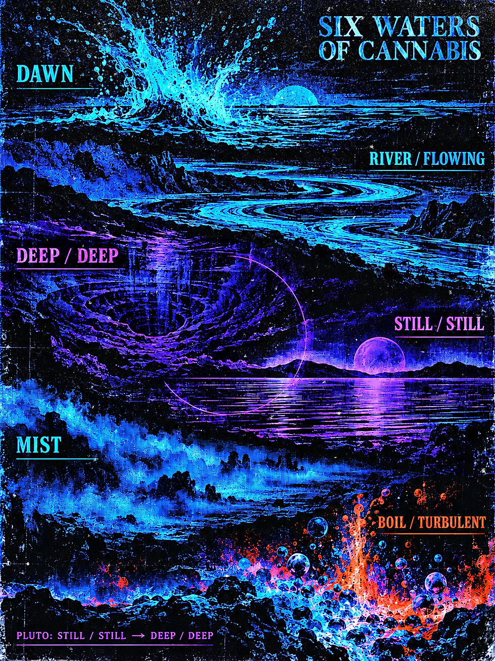 Black Minimal Riso atlas arranging six cannabis-water states as horizontal landscapes: Dawn as a bright splash at sunrise; River / Flowing as a winding current; Deep / Deep as a violet basin; Still / Still as calm reflective water beneath a moon; Mist as rolling blue vapor; and Boil / Turbulent as orange heat breaking through bubbling water. A note at the bottom maps Pluto from Still / Still toward Deep / Deep