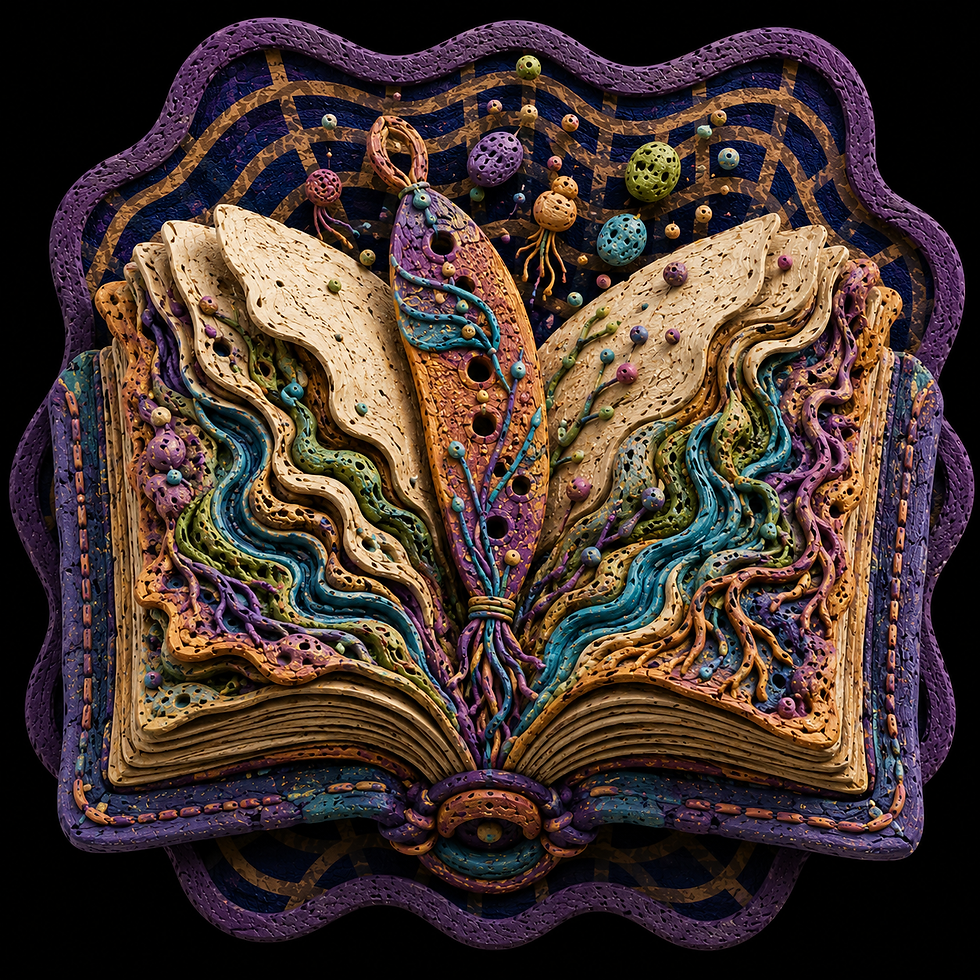 Handcrafted claymation sculpture of an open book blooming into colorful rivers, branching pathways, and organic forms that flow from its pages against a black background.