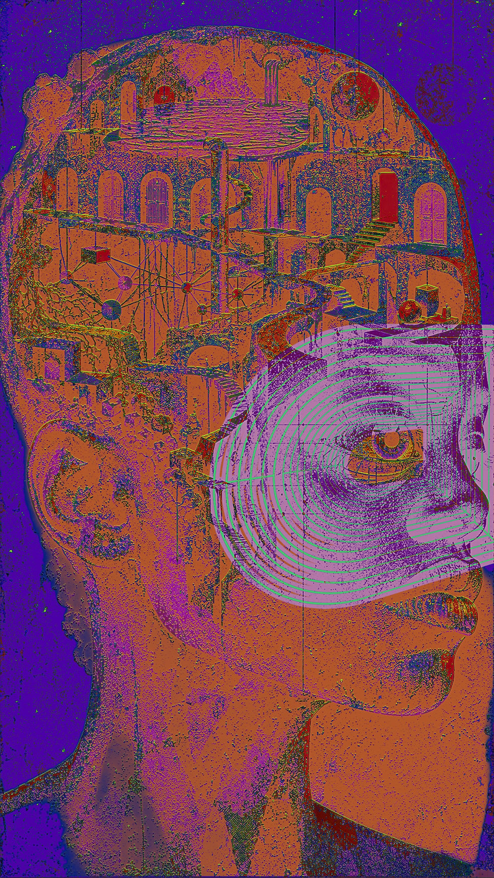 An orange portrait of a Black person faces slightly right against a violet background, with an offset profile layered behind them. The upper head opens into a multilevel interior filled with arched doors, staircases, platforms, suspended networks, geometric objects and small human figures. A lavender square and dense concentric rings cover one eye like a visual targeting or perception system. The image is heavily textured with distressed green, violet and orange print layers.