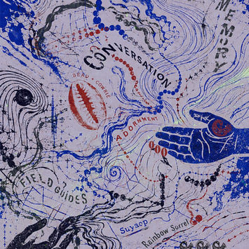 Dense hand-drawn BespokeCurry Cosmos map with winding blue and red lines, symbols, text, organic shapes, and interconnected pathways across a pale field.