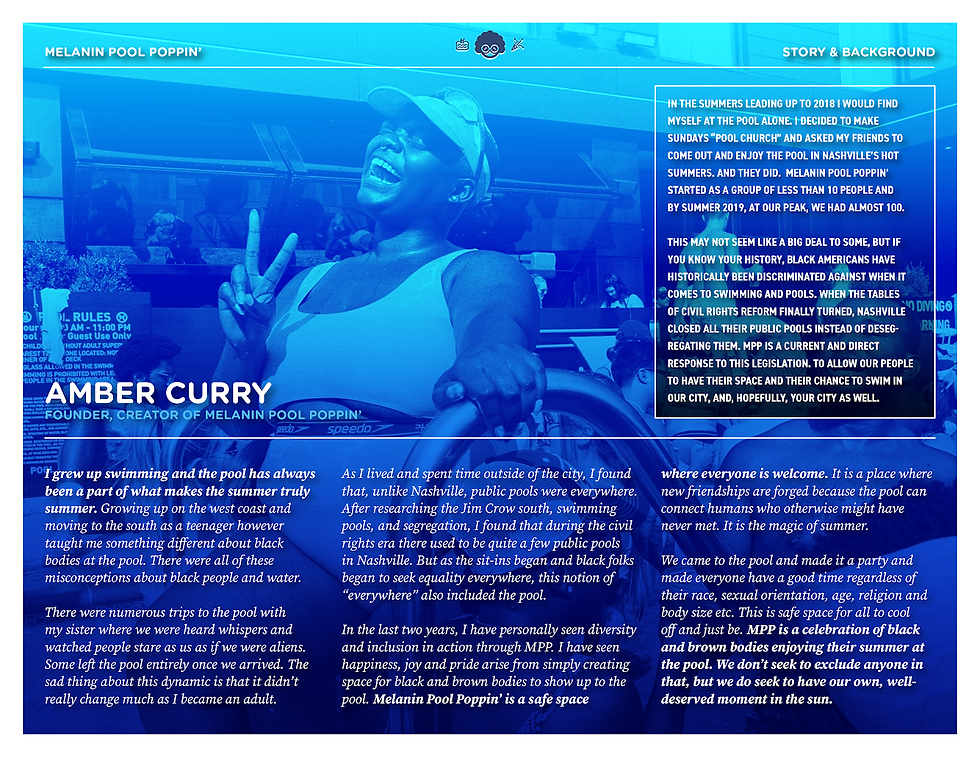 Melanin Pool Poppin portfolio and press feature highlighting the founder’s work creating Black communal swimming and summer gathering spaces in Nashville.
